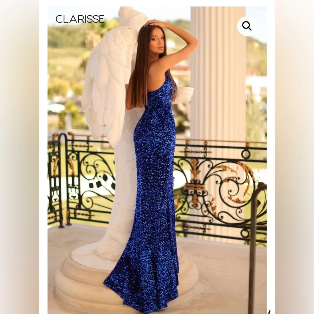 Clarisse -810420 Spaghetti Strap Sequin Prom Sapphire Mermaid Maxi Dress 10 - Picture 2 of 4